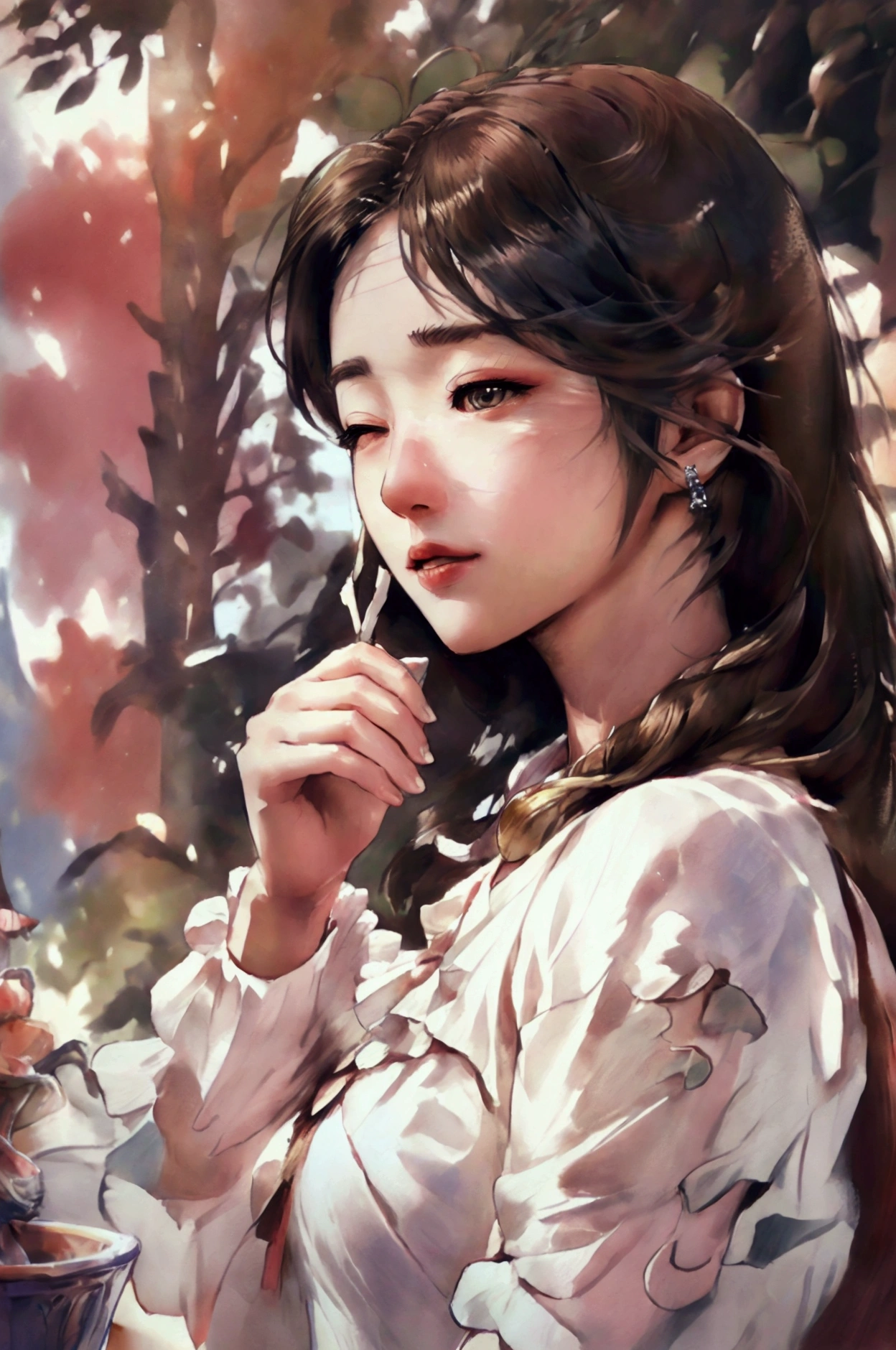 A beautiful kawaii Japanese woman with long brown hair, eyes closed, sipping coffee against a white background, anime style illustration, highly detailed, intricate, elegant, (best quality,4k,8k,highres,masterpiece:1.2),ultra-detailed,(realistic,photorealistic,photo-realistic:1.37),beautiful detailed eyes,beautiful detailed lips,extremely detailed eyes and face,longeyelashes,elegant pose,mature,fashionable,soft lighting,warm color tones