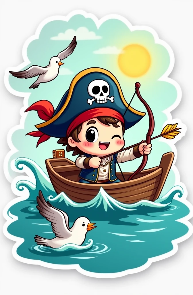 Create stickers for archery club.Chibi style. Pirate figure sitting on a boat sailing through waves, just archery. Cheerful style