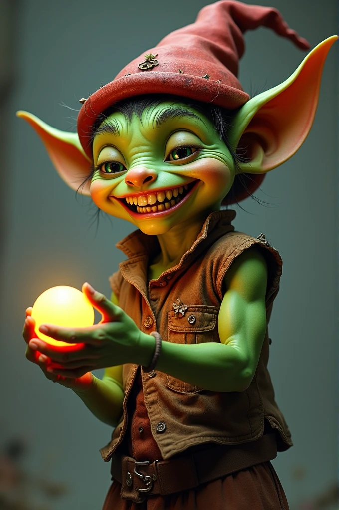 A green-skinned, mischievous-looking creature with large, pointed ears, sharp teeth, and a wide grin. It wears a worn-out red hat, a tattered brown vest, and a necklace made of red beads. The creature holds a glowing orb in one hand, which emits a soft light. The background is a gradient of gray, putting emphasis on the character.