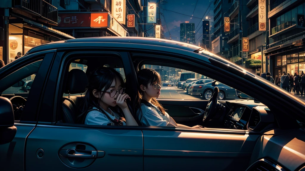 (At night),(two individuals),(Girl and young man),(차 안에 two individuals), (A foreign car), In a busy downtown area At night, while people on the street are bustling about, a middle school girl in a sailor uniform is riding in A foreign car driven by a man wearing sunglasses and an Hawaiian shirt, the passenger is looking out at the street with their head sticking out of the window.. realistic
