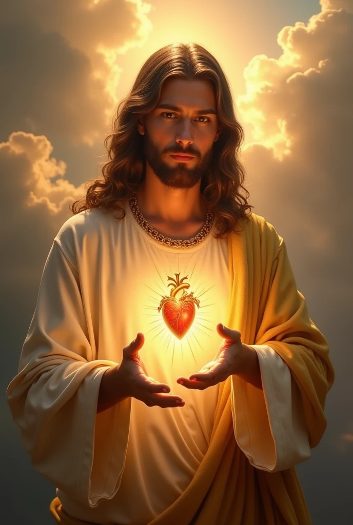 Jesus holding a heart in his hands, JesusChrist, the lord and savior, holy imagery, sacred flame spell, portrait of JesusChrist, religious imagery, holy holy rays of light, Young God Almighty, Sacred energy, holding a sacred symbol, JesusChrist in mass effect, Jesus of Nazareth, king of kings, jesus face, Holy Light, the divine emperor of humanity