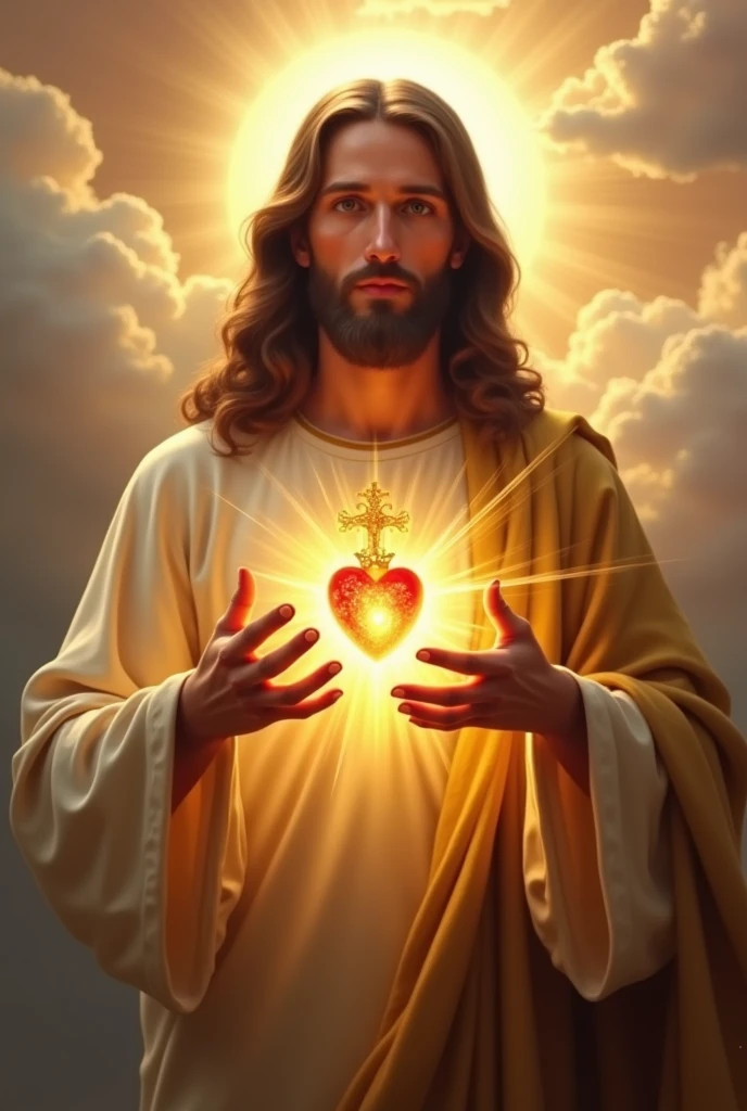 Jesus holding a heart in his hands, JesusChrist, the lord and savior, holy imagery, sacred flame spell, portrait of JesusChrist, religious imagery, holy holy rays of light, Young God Almighty, Sacred energy, holding a sacred symbol, JesusChrist in mass effect, Jesus of Nazareth, king of kings, jesus face, Holy Light, the divine emperor of humanity