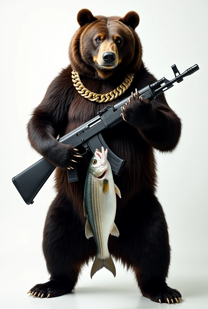 Background-free image of a bear holding an AK-47 on its neck with a gold chain and a dead fish in its mouth.
