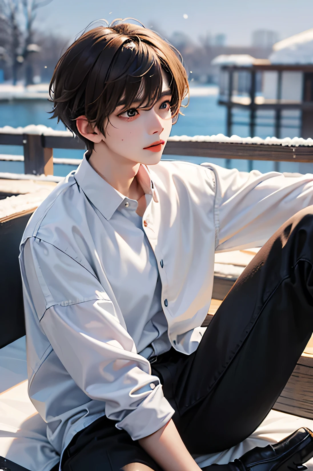 One boy, Light Brown Hair, White skin, 18 years old, super detail, masterpiece, 8k, korean, amazing, Idol, high quality, Refreshing, high quality, androgynous boy, Refreshing, winter, clear, Natural lighting, Make your eyes look more natural, prime, The season of snowfall, High Quality, 한winter, white shirt, black pants, student 