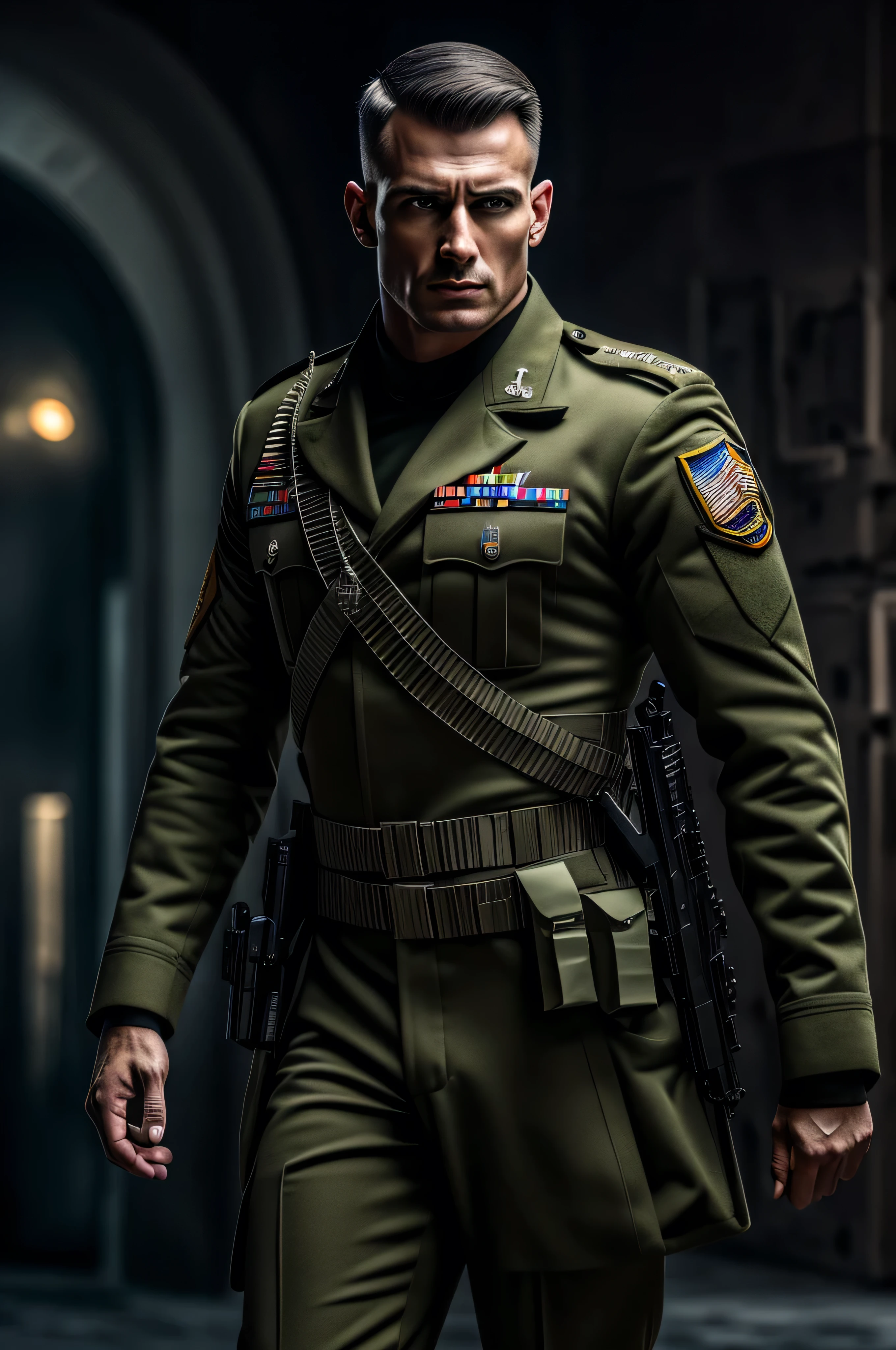 1 male army commander, 2 meters tall, muscular body, wearing military uniform, carrying modern gun, pistol and combat knife, in various poses, detailed facial features, high quality, realistic, photorealistic, 8K, HDR, physically-based rendering, cinematic lighting, military style, dark moody color palette
