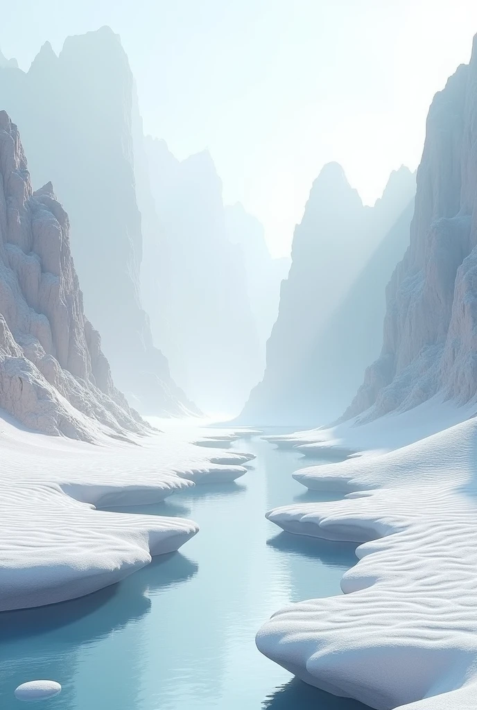 Arafud Mountains Landscape，The foreground is a river, Ethereal Landscape, rippled white landscape, Abstract natural scenery, Tranquility illustration, White sand moon landscape, Moon Landscape, White atmosphere background, white desert background, Tranquil scenery, Digital Landscape Art, Detailed scenery —width 672, landscape illustration, Beautiful landscape rendering, Future Landscape