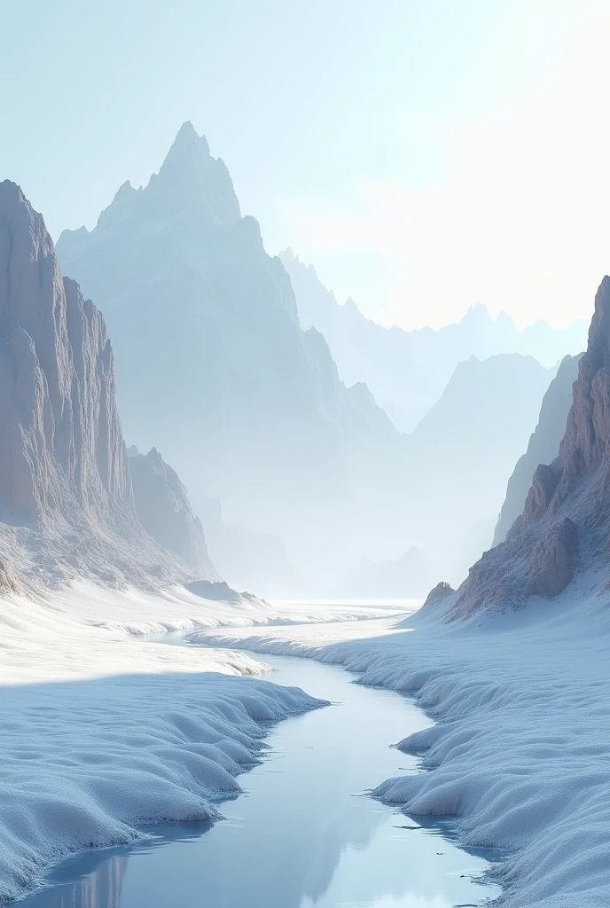 Arafud Mountains Landscape，The foreground is a river, Ethereal Landscape, rippled white landscape, Abstract natural scenery, Tranquility illustration, White sand moon landscape, Moon Landscape, White atmosphere background, white desert background, Tranquil scenery, Digital Landscape Art, Detailed scenery —width 672, landscape illustration, Beautiful landscape rendering, Future Landscape