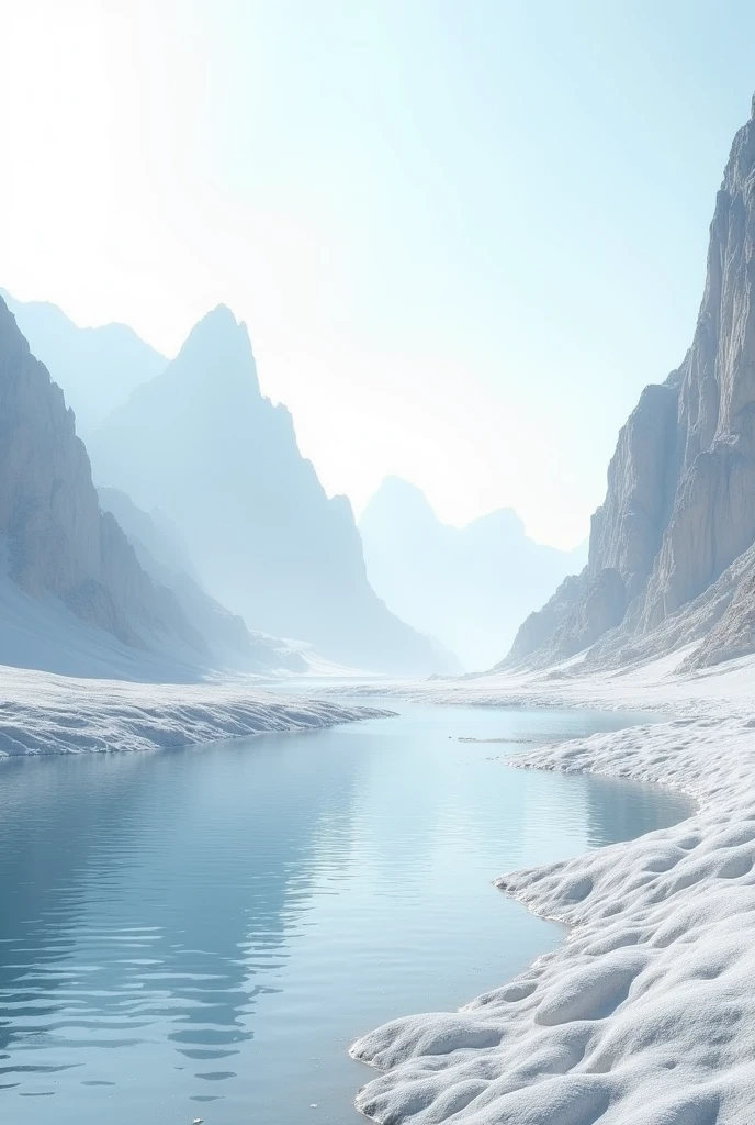 Arafud Mountains Landscape,The foreground is a river, Ethereal Landscape, rippled white landscape, Abstract natural scenery, Tranquility illustration, White sand moon landscape, Moon Landscape, White atmosphere background, white desert background, Tranquil scenery, Digital Landscape Art, Detailed scenery —width 672, landscape illustration, Beautiful landscape rendering, Future Landscape