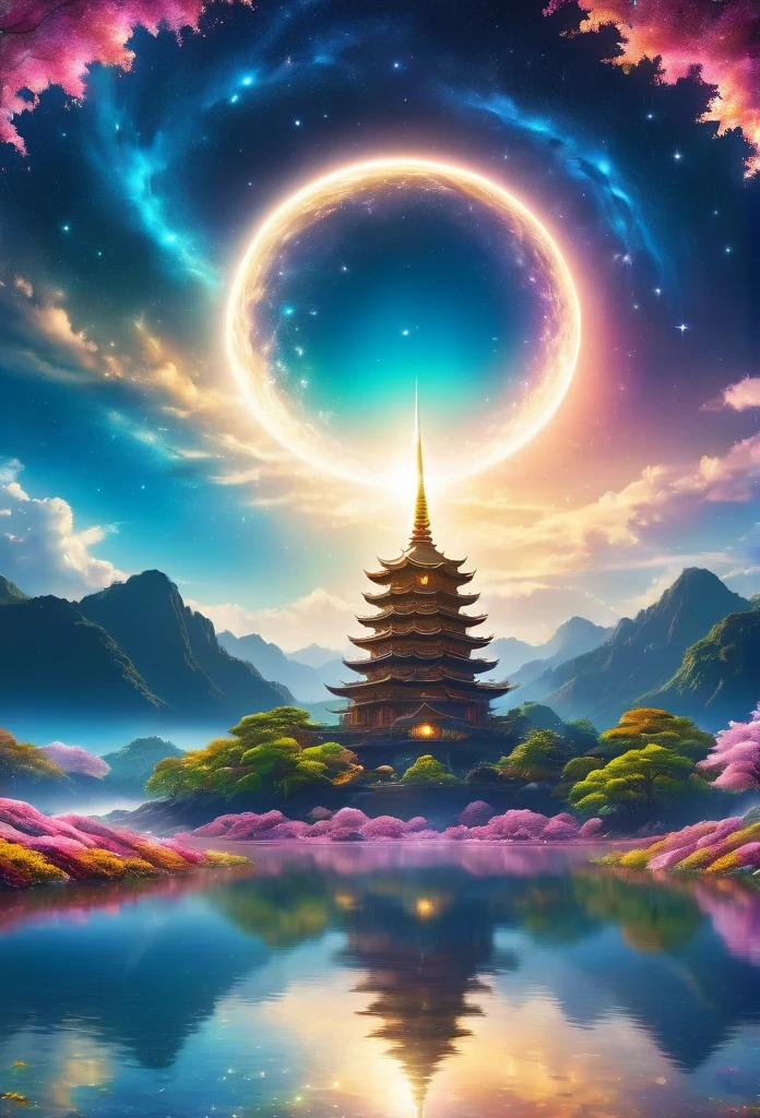 (8k, highest quality, masterpiece, final fantasy style: 1.2), (unrealistic, photorealistic: 1.37), (Thousand-Armed Kannon Bodhisattva standing on lake side, huge bouncing bust, Cover your whole body in light:1.1), Dreamy landscape, Fantasy, Unsurreal landscapes, Super detailed, Floating Island in the Sky, Seven-colored swirl of light, (Mr. Shooting Star.A shining little bird flying in the sky, Flowers, Birds, Wind and Moon, Furinkazan:1.3), Aurora, Intense lightning, milky way, Complex Light, Mr.々Colored light, Large Lake, Starry sky reflected on the lake surface, Countless shining stars, meteors, Many meteors, Aura of, (A pillar of light emanated from the ground:1,2), Complex SentencesMr.Magic Circle, Buddhist Mandala、Moon Background
