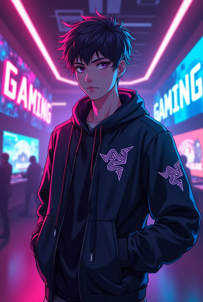 anime pro gamer.  The name is Razor. The color of the jacket is black with the mlbb logo on the column. In that picture RAZOR. Add the word Gamming