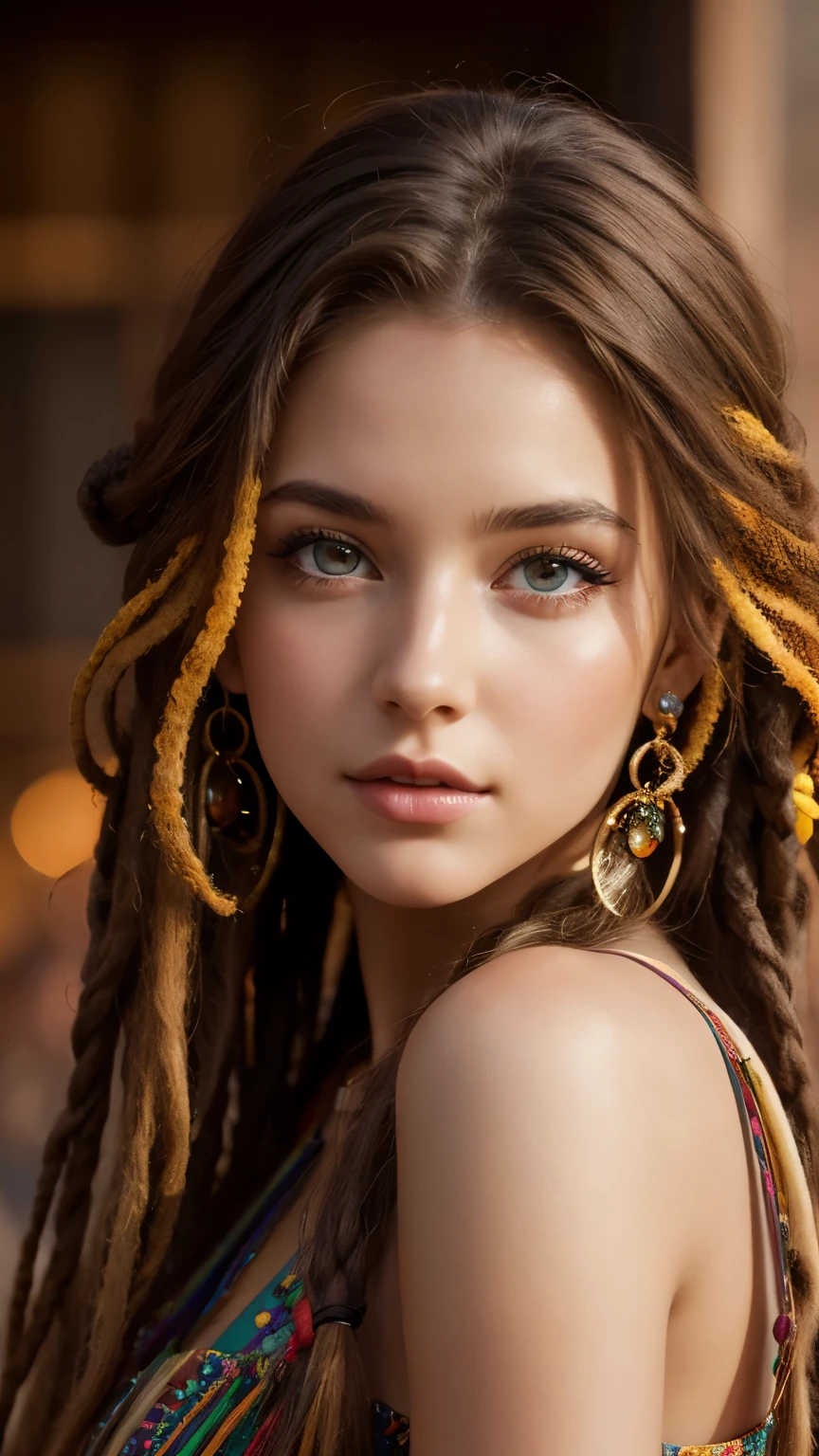 a beautiful young woman with hippie-style hair and dress, detailed eyes and lips, cinematic 8K resolution, photorealistic, shine body, rasta hair 