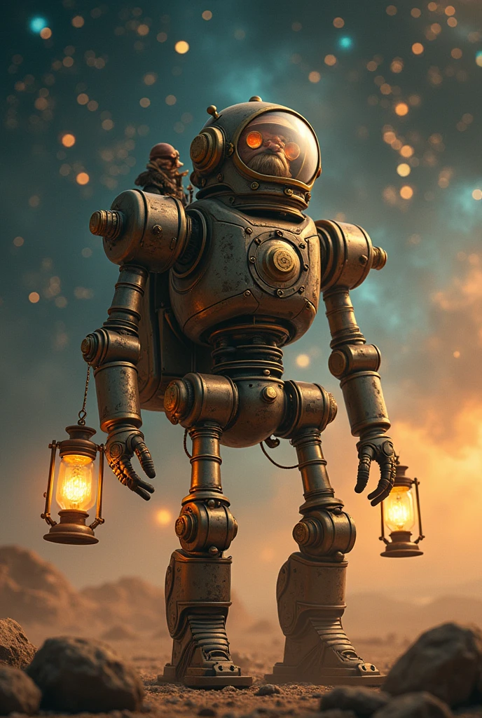 3-meter-long space explorer robot with exposed steampunk-style pilot