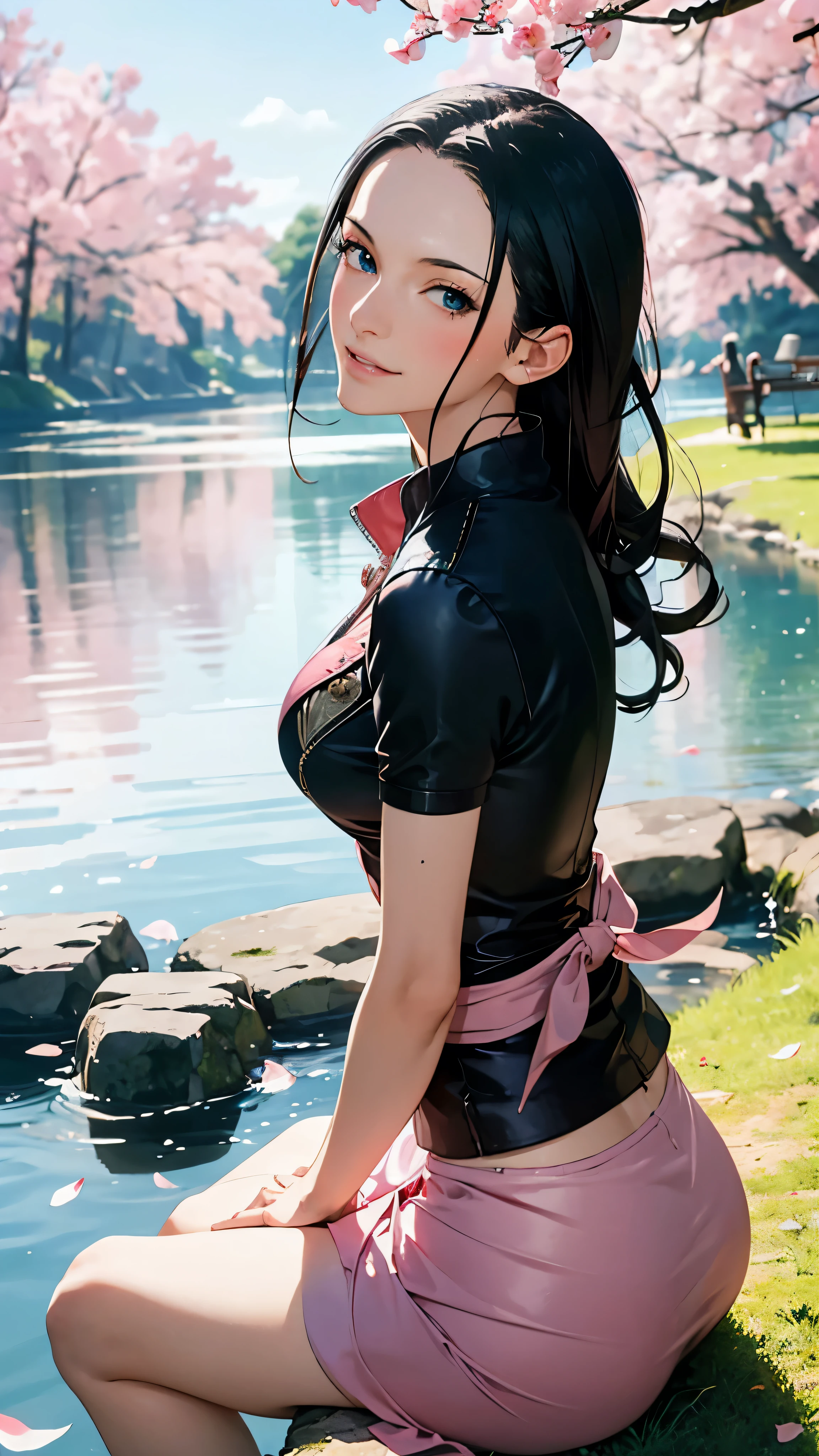 Masterpiece,1 girl, Nico robin,beautiful face, sitting on lake, stones, beautiful trees, beautiful pink petals, wearing long salong skirt,blue jacket,gold ornaments, bracelets,black long hairs, beautiful blue eyes, smiling happily, giving a pose, beautiful teeth,happy face,pino cheeks, highest resolution, best quality,8k resolution, holding  her hairs, smooth face,filmy photography,pink trees,pink petals, pink blossoms,high saturation image