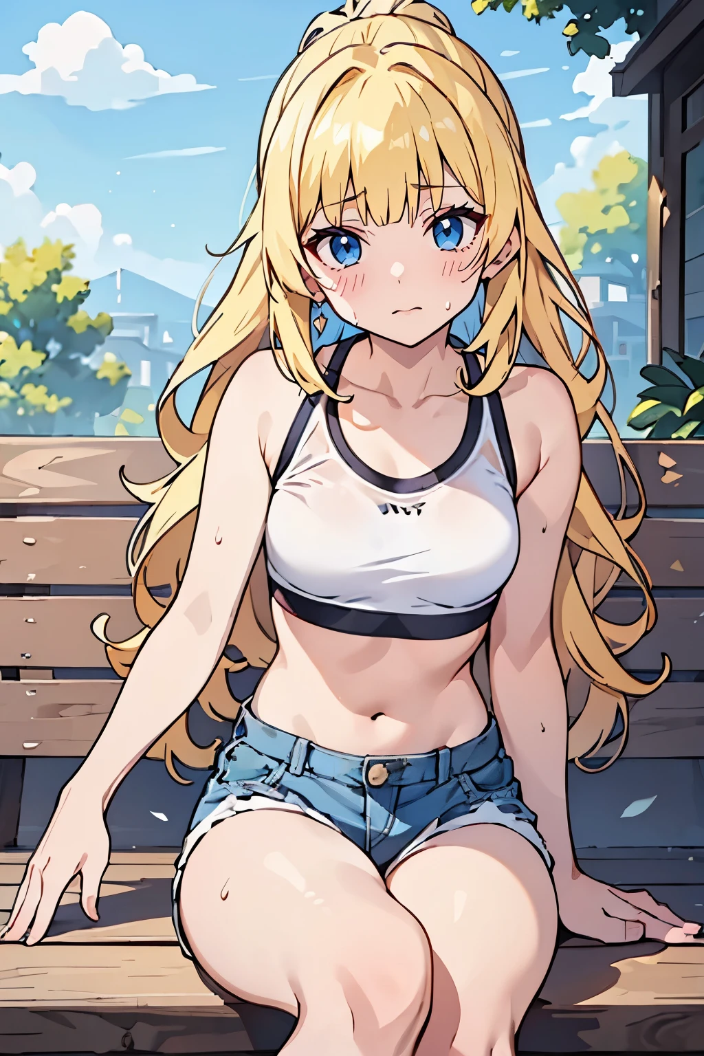 masterpiece, solo girl, (young female body:1.4), (medium small breasts), flustered, yellow golden hair, extra gold long hair, thick wavy hair, hime cut, blunt bangs, ponytail, crystal blue eyes, light blue detailed eyes, hot summer day, shorts, light blue jean shorts, sports bra, cropped tank top, black tight sports bra, town background, sitting on a bench, spreading legs wide open, sweating, leg spreading