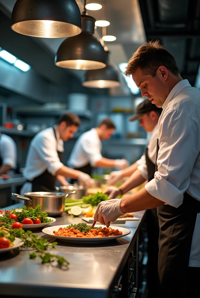 An industrial kitchen where everyone works in an orderly and safe manner