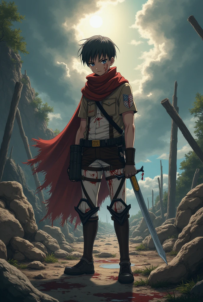 Draw in 4K a scout from the anime Attack on Titan, A survivor of a bloody battle with injuries.