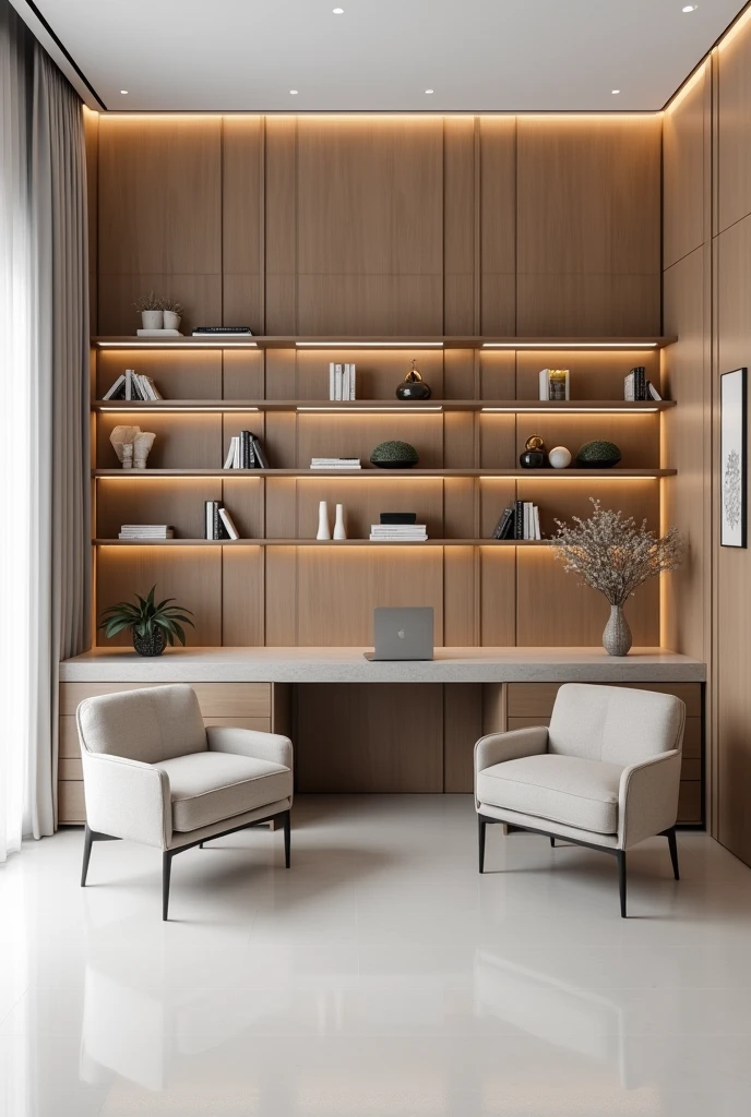 Elegant office design with a 3m x 6m background. Behind the desk is the background wall. On this wall I want a modular design with serial wood panels and shelves. And in front of the desk two small sofas. The floor and walls are white.