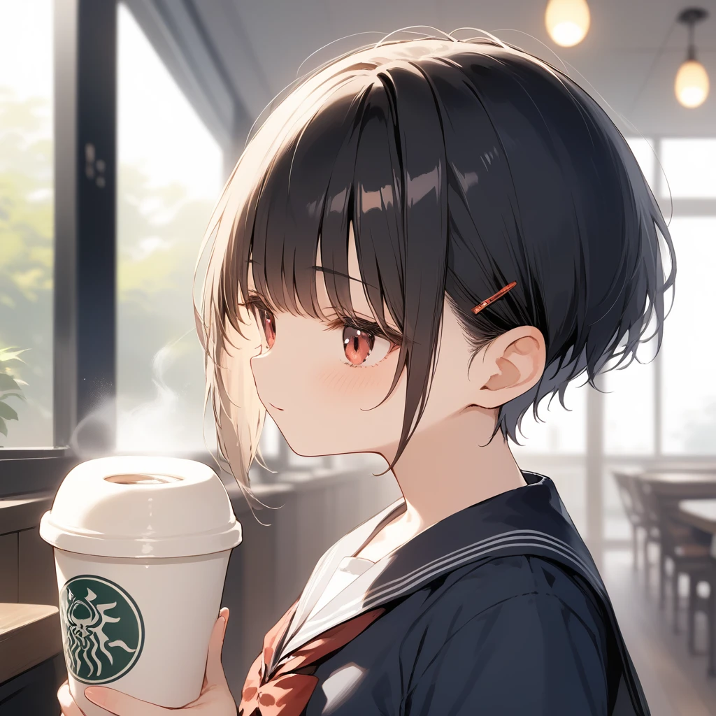score_9, score_8_up, score_7_up, source_anime, best quality, masterpiece, official art, absurdres, highres, ultra-detailed,waifu2x,Collection: Pixiv 1000,break,1girl, very short hair, pixie cut, small breasts, school uniform, A girl drinking coffee in an old coffee shop, coffee shop, indoors, austere interior, break,(clear line illustration:1.2), super detailed skin, shiny skin, very high resolution, very aesthetic, Best sexual lighting powered by famous artist, 8k, 16k, cute picture, beauty illustration,photoshop_(medium),,(Detailed Lighting),best anime 8k konachan wallpaper, pixiv contest winner, uncensored,