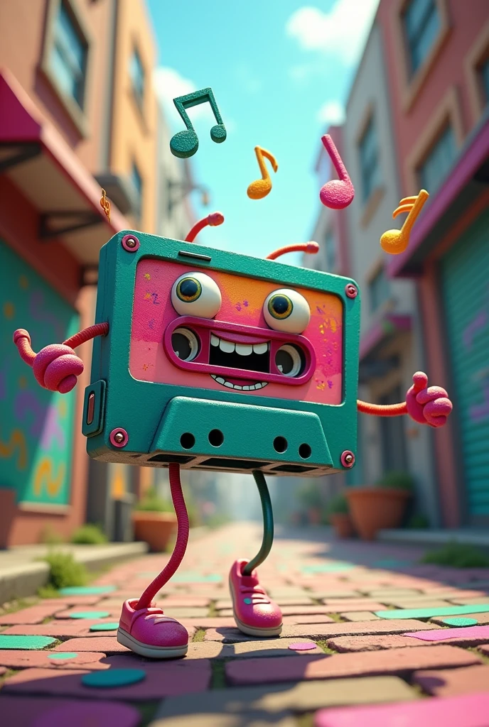 An animated cassette tape, with arms and legs