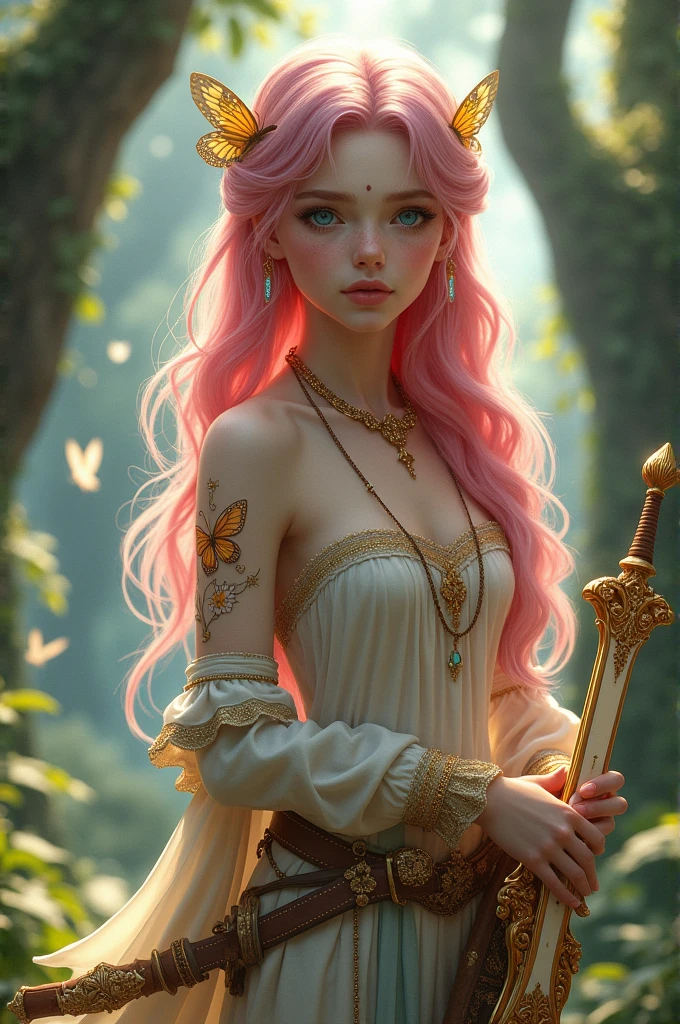 A very beautiful girl, Young and sexy with extremely pink hair with blue streaks. Her skin is white and delicate and has golden butterflies scattered that are like tattoos, besides her body being covered in a shiny golden powder, your eyes are silver, She is noble e possui vestes chiques e elegantes porém é uma aventureira filha de uma fada, She is noble, She is also a bard and loves music, She is always with her delicate lute, besides carrying her beautiful sword with her dagger shaped like a flower.