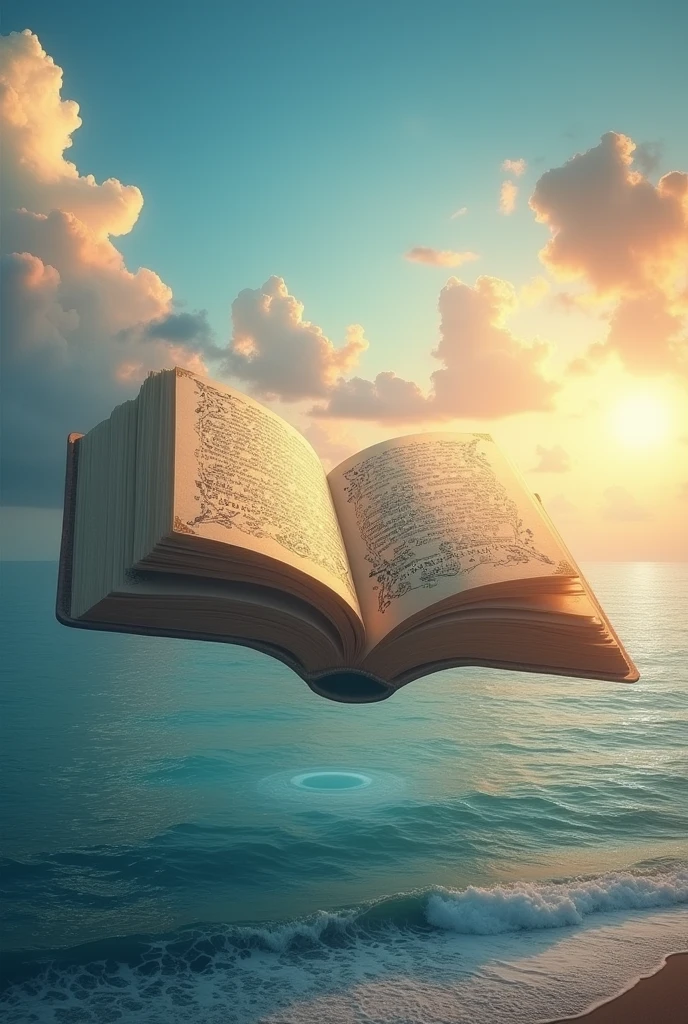 Giant open book floating diagonally on ocean sunrise landscape