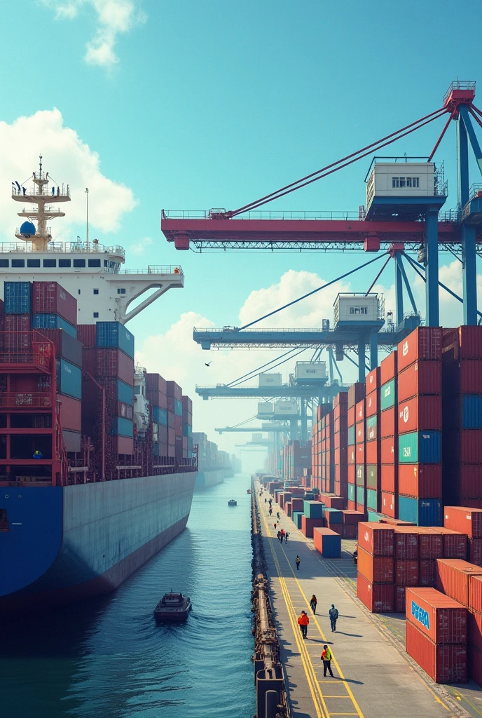 Create a giant shipping port with multiple cargo ships
