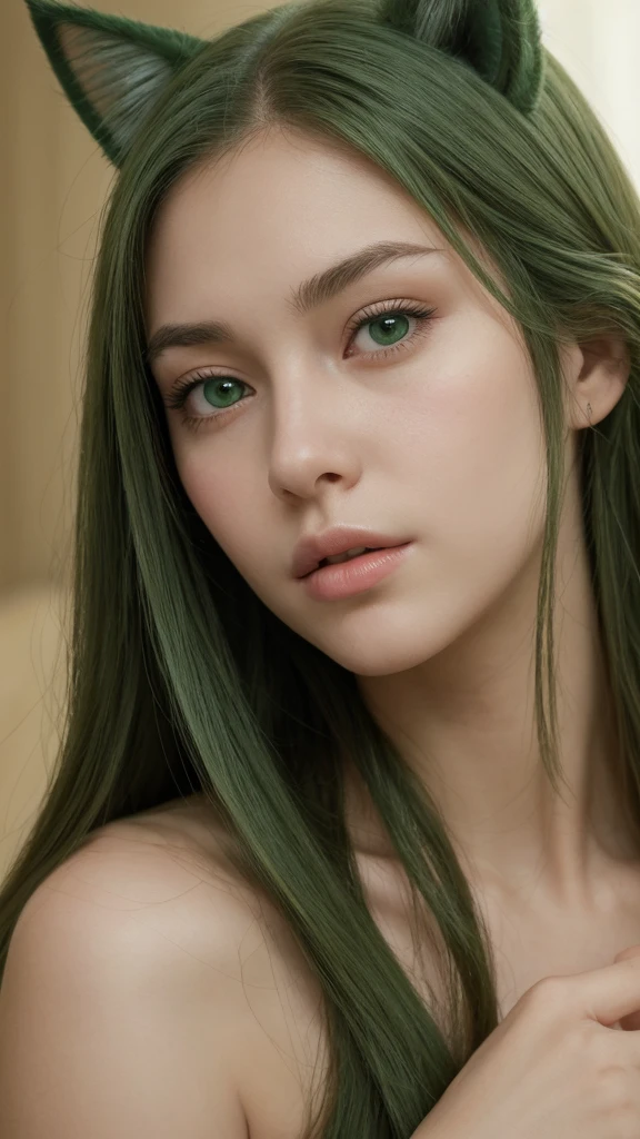 portrait of a girl. european. extremely detailed face. delicate features. oval face. long face. droopy. seductive. half-closed eyes. sad eyes. green eyes. long, straight, very thick hairstyle. green hair. fake cat ears on head. feeling disappointed
