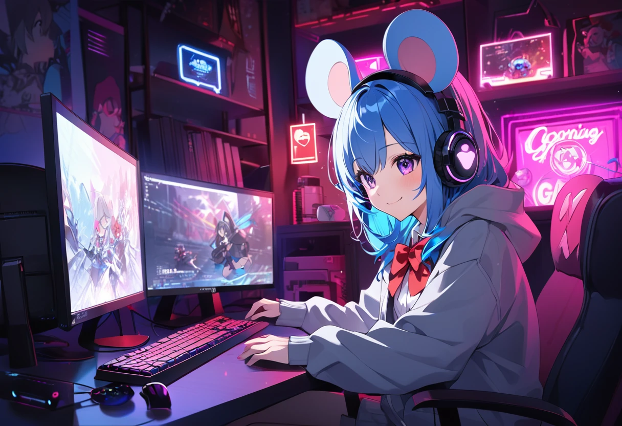 Blue Hair Girl、Hoodie with hood、{gray hoodie, hood up,Hoodie with big mouse ears}、High School Uniform、{White collared shirt、Red bow tie},smile、Dark Room、Using a gaming PC、Headphones、Desktop type gaming PC with visible internal structure illuminated by neon lights、
