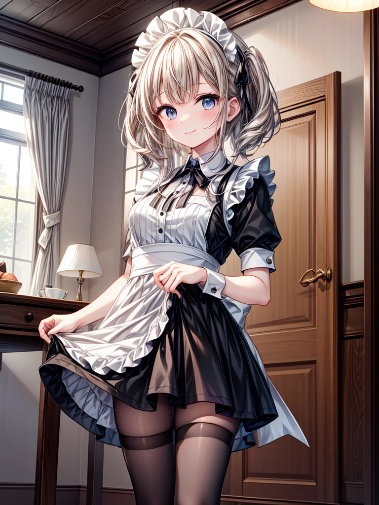 Please draw a scene of a girl wearing a maid uniform,、with black tights and a tanding gracefully with a smile.。