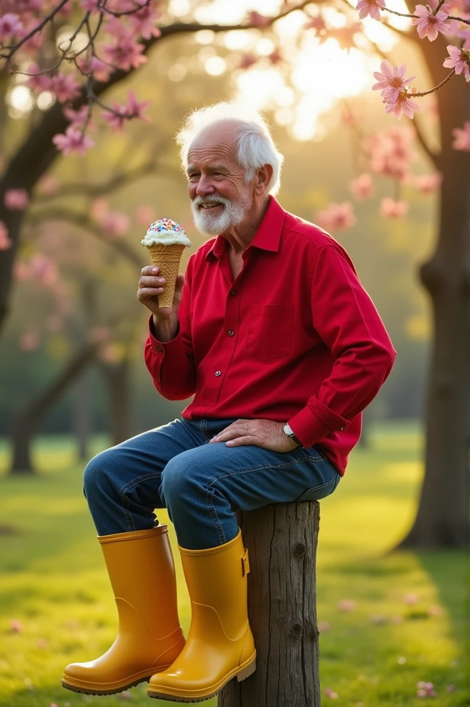 Create an old man sitting on a pole eating ice cream with a red shirt and yellow boots