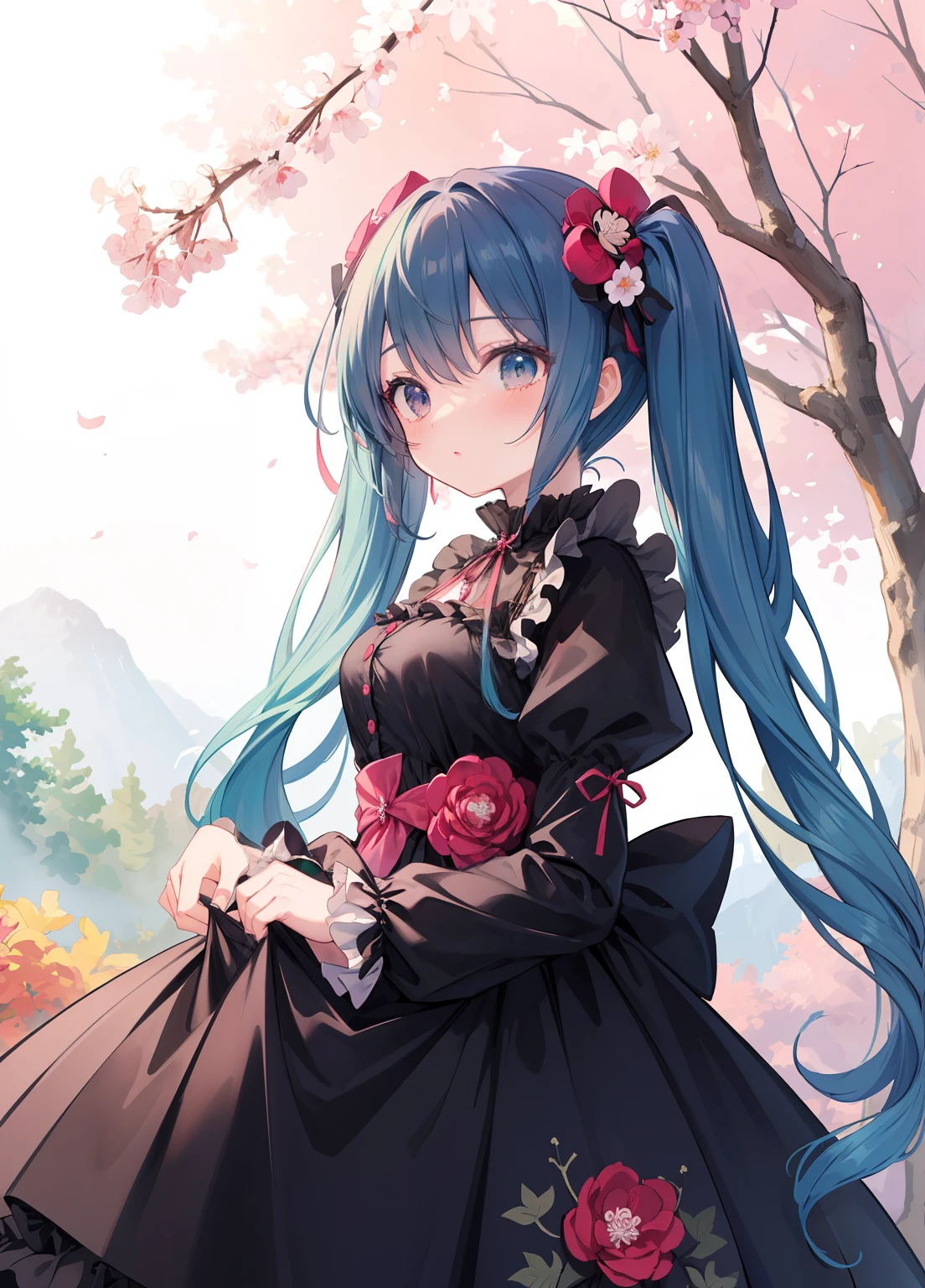 (masterpiece、Highest quality、Highest quality、Official Art、Beautiful and beautiful:1.2)、(One person:1.3)Hatsune Miku、Twin tails,Beautiful breasts, Katsushika Hokusai,(masterpiece), (Highest quality), Ultra-high resolution, Sharp focus, ((1 female, alone)), Beautifully detailed face, very cute,Elegant long sleeve frill hemline dress、Contrast Trim Frog Button Dress for Spring and Autumn Women's Clothing