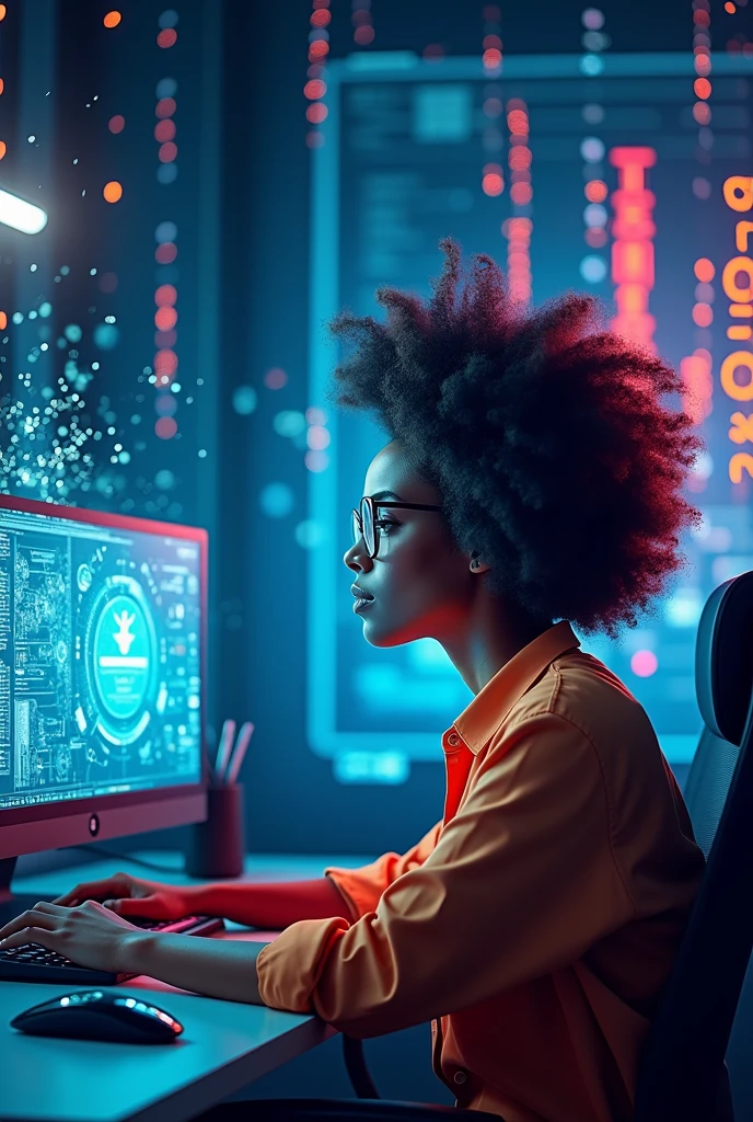 Image for celebrating Engineer's Day, that includes all existing engineering disciplines, but highlights systems engineering today, August 17, 2024, as a woman in the image, with a dark complexion and glasses, using a computer, no flowers, with programming formulas
