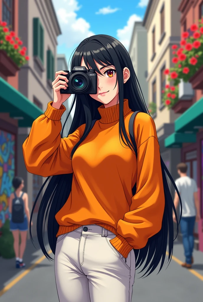 female photographer wearing fashion clothing orange sweater and white straight pants anime style long hair chinese woman