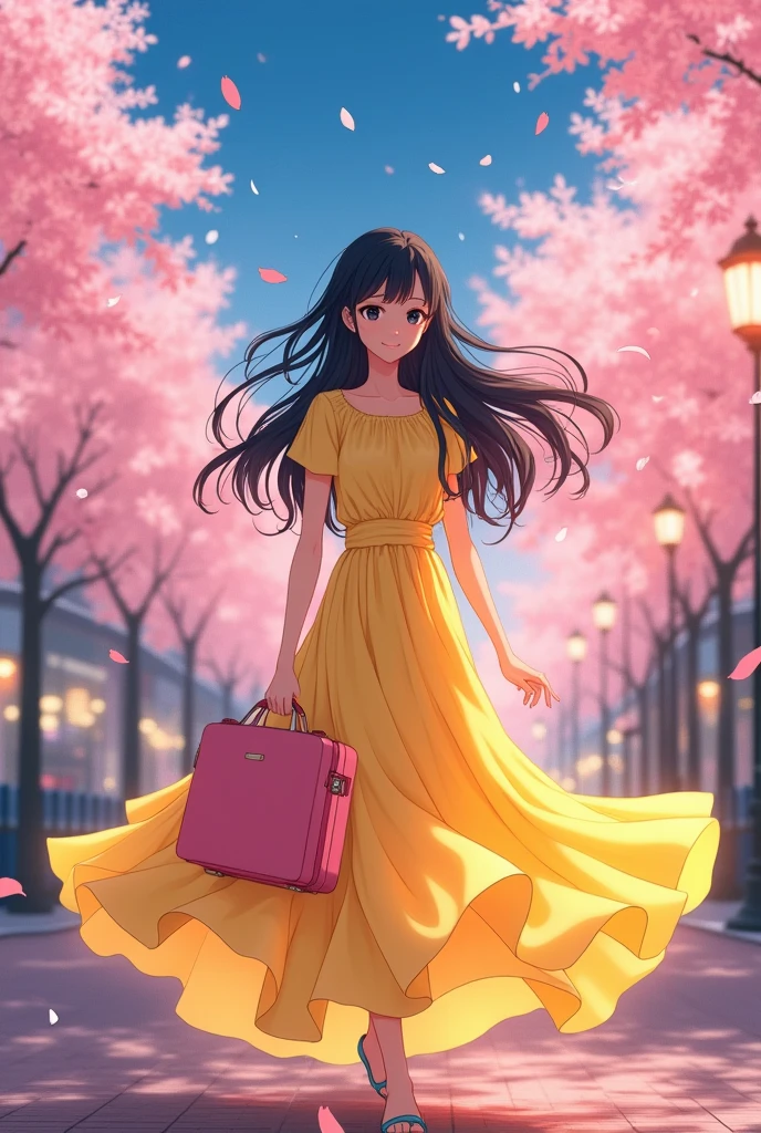 A 20-year-old Japanese girl with black eyes and long black hair wearing a long yellow dress and holding a pink suitcase, anime style.