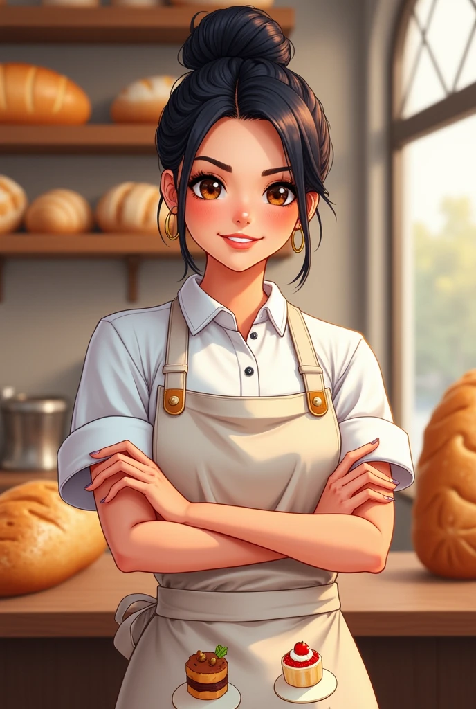 avatar drawing of a woman with black hair wearing a baker's outfit, posing for the photo crossing her arms