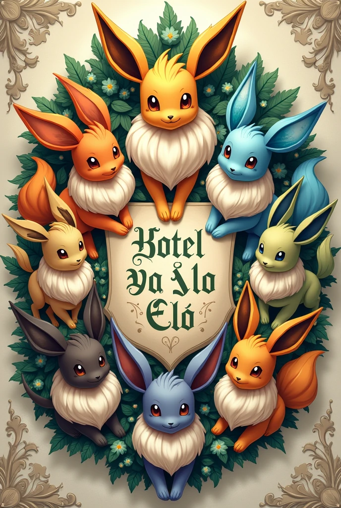 A coat of arms with the image of the eevee evolutions with the phrase Hotel Léo y Elô written on it.