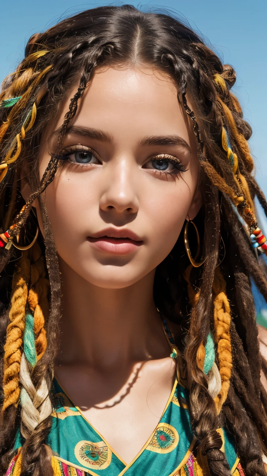 a beautiful young woman with hippie-style hair and dress, detailed eyes and lips, cinematic 8K resolution, photorealistic, shine body, rasta hair 