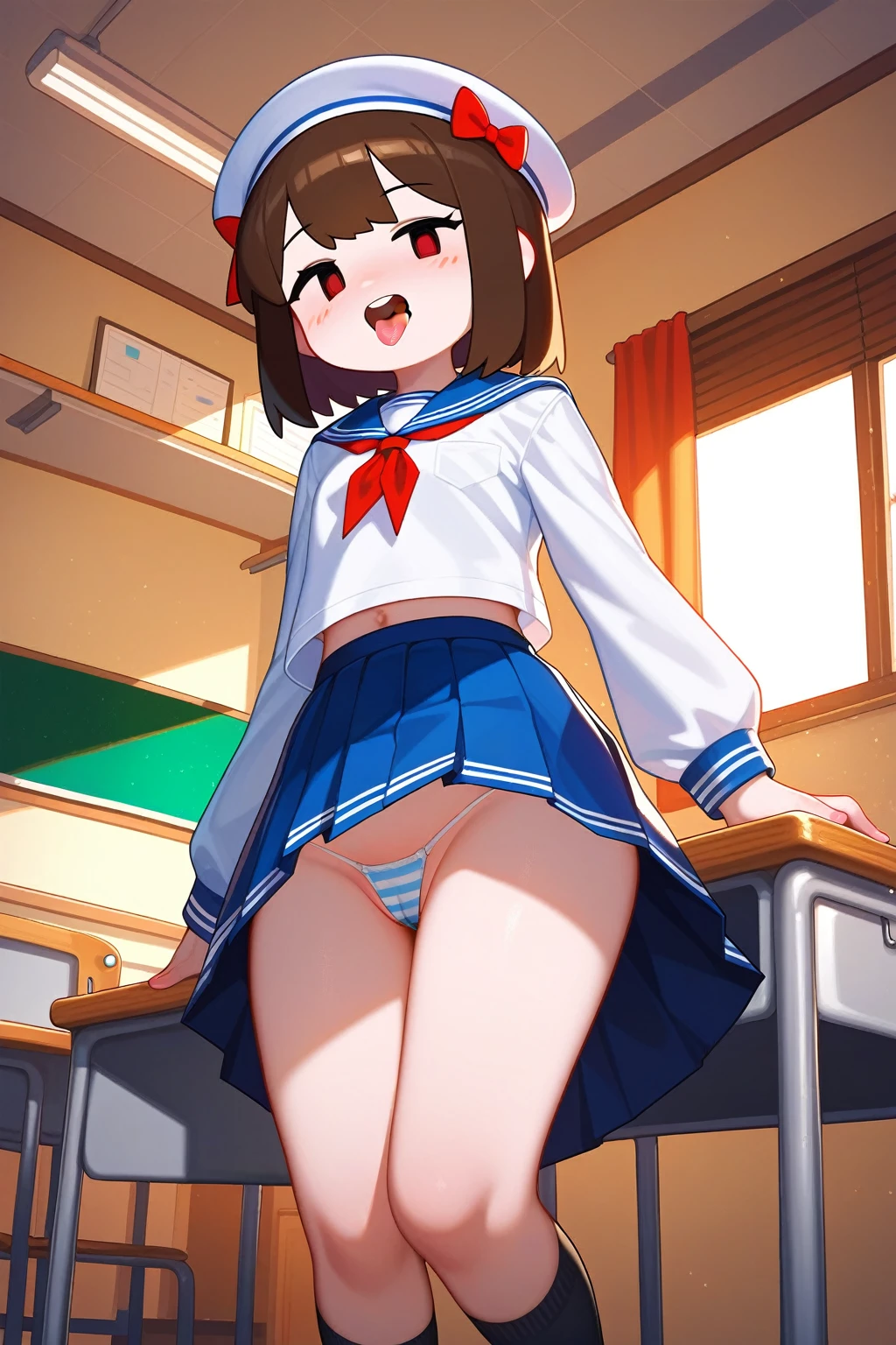 score_9,score_8_superior,score_7_superior,score_6_superior,score_5_superior,score_4_superior 、8k,Highly rated on Pixiv, Naughty,Cute Japanese schoolgirl,(Mob face),Open your mouth, Sticking out tongue、Brunette hair color、Sailor uniform of a high school girl whose skirt is too short., Flip up skirt to expose panties、Beautiful detailed panties、Crotch focus、Sit at a desk in the living room、片足をsuperiorげる