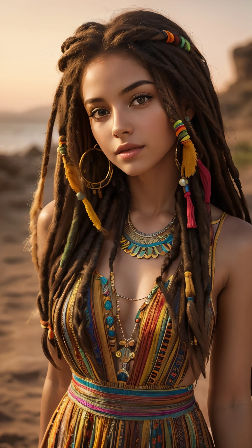 a beautiful young woman with hippie-style hair and dress, detailed eyes and lips, cinematic 8K resolution, photorealistic, shine body, rasta hair 