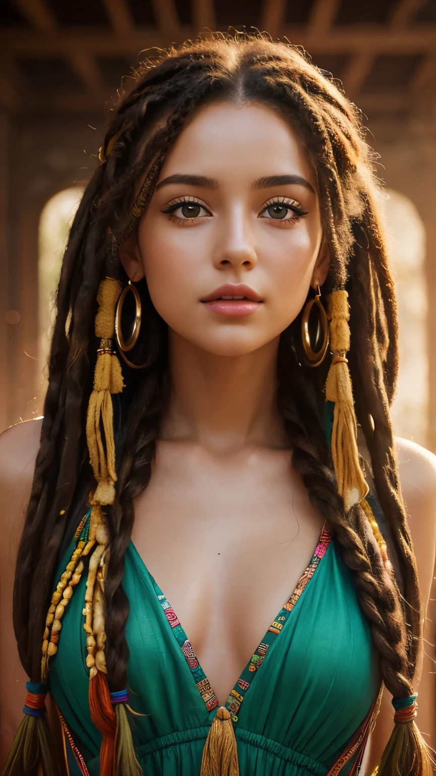 a beautiful young woman with hippie-style hair and dress, detailed eyes and lips, cinematic 8K resolution, photorealistic, shine body, rasta hair 