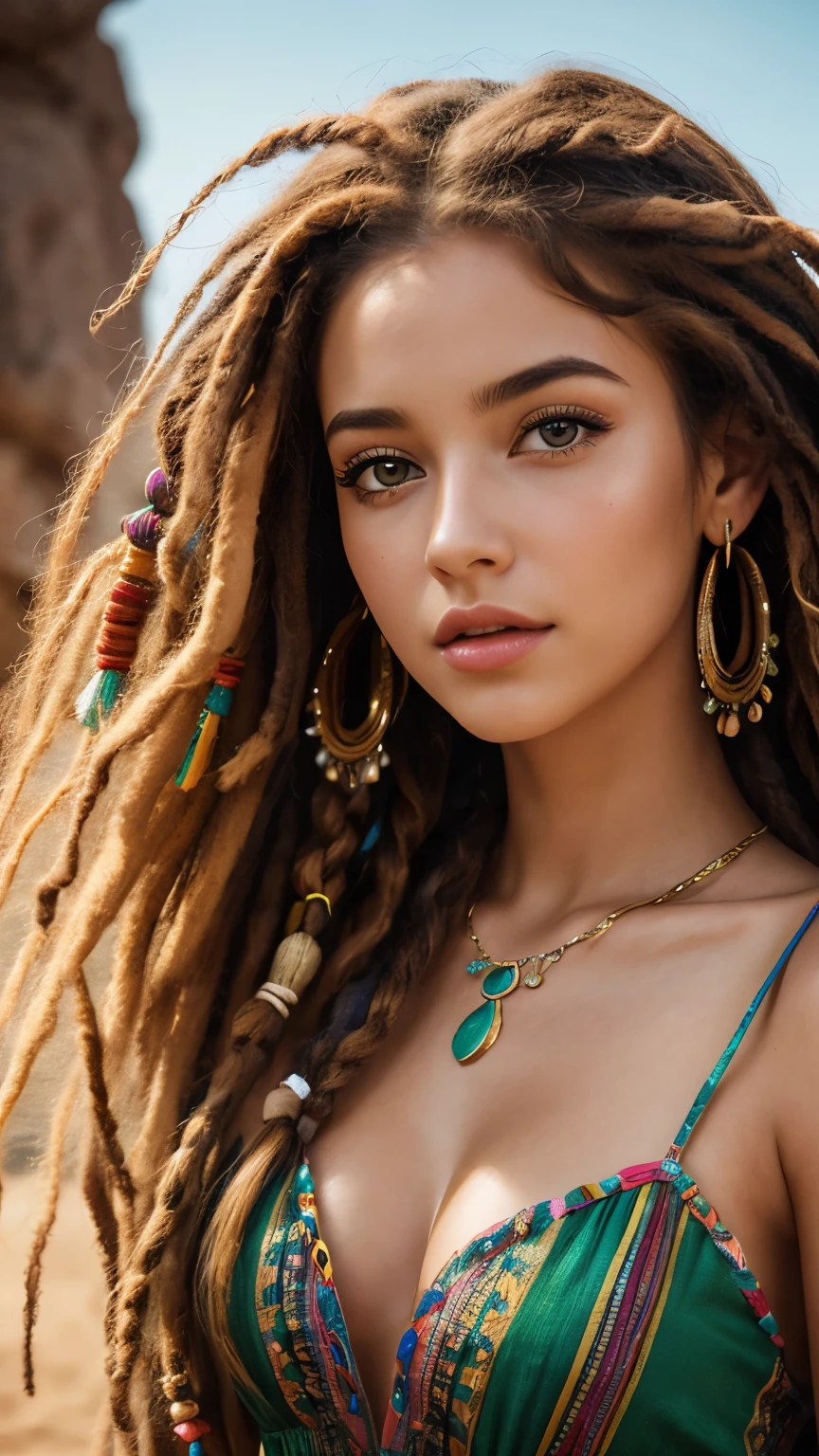 a beautiful young woman with hippie-style hair and dress, detailed eyes and lips, cinematic 8K resolution, photorealistic, shine body, rasta hair 