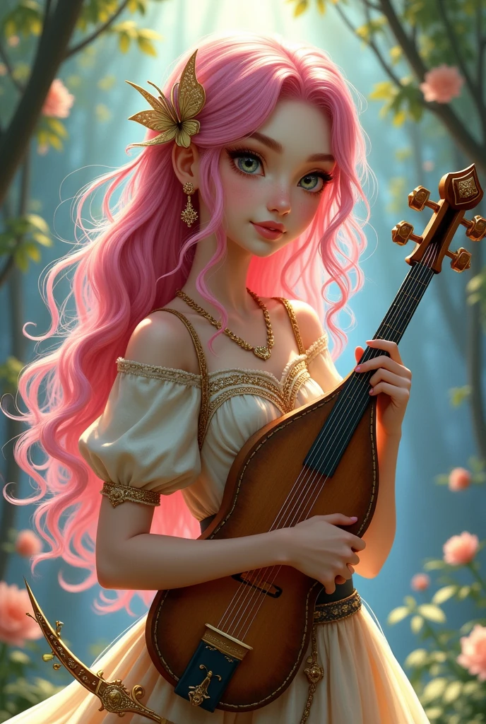 A very beautiful girl, Young and sexy with extremely pink hair with blue streaks. Her skin is white and delicate and has golden butterflies scattered that are like tattoos, besides her body being covered in a shiny golden powder, your eyes are silver, She is noble e possui vestes chiques e elegantes porém é uma aventureira filha de uma fada, She is noble, She is also a bard and loves music, She is always with her delicate lute, besides carrying her beautiful sword with her dagger shaped like a flower.