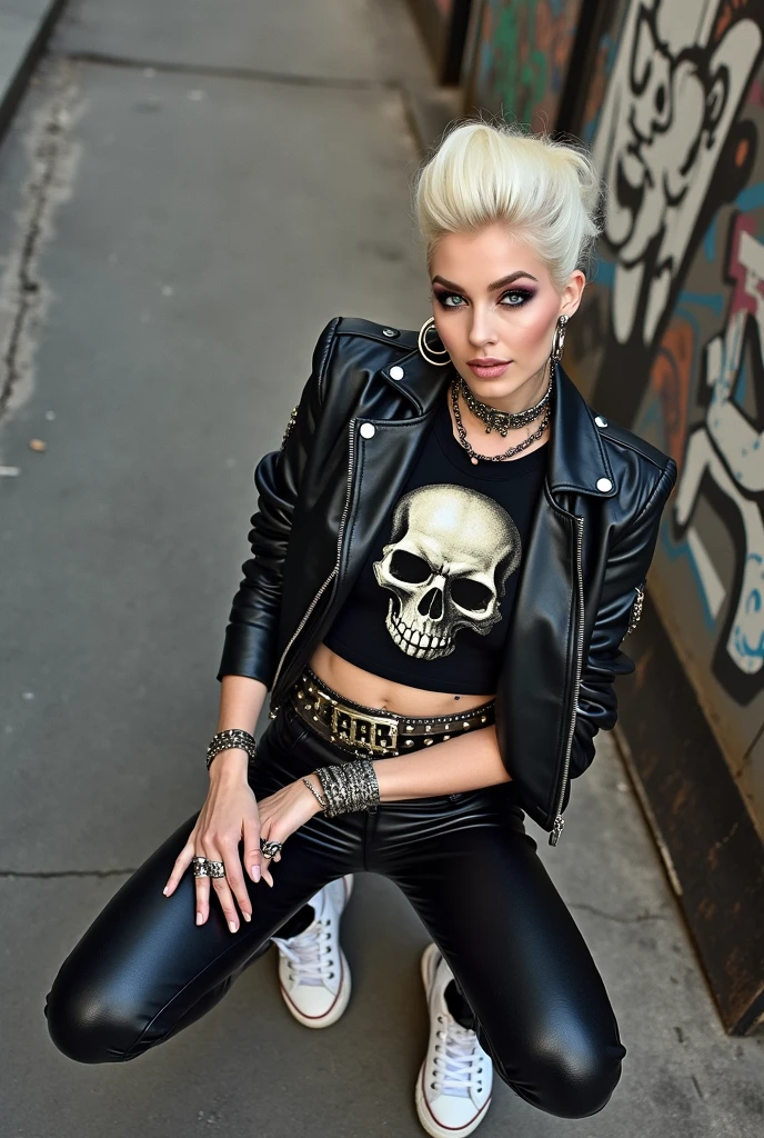  russian milf, platinum blonde hair, long neck, long hair in pompadour male style with shaved sides, with very light blue eyes, very pale, lots of makeup, smeared. Wearing black moto jacket, cropped rock band t-shirt a big skull logo, with low neckline, black shiny leggings and dirty white tennis sneakers. Big loop earrings. Wide tacky belt with big buckle, dog collar, lots of rings and studded bracelets , Full body, kneeling with thumbs in pockets in the street, looking up in awe. Point of view from above