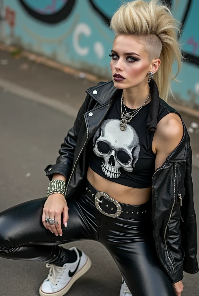 russian milf, platinum blonde hair, long neck, long hair in pompadour male style with shaved sides, with very light blue eyes, very pale, lots of makeup, smeared. Wearing black moto jacket, cropped rock band t-shirt a big skull logo, with low neckline, black shiny leggings and dirty white tennis sneakers. Big loop earrings. Wide tacky belt with big buckle, dog collar, lots of rings and studded bracelets , Full body, kneeling with thumbs in pockets in the street, looking up in awe. Point of view from above