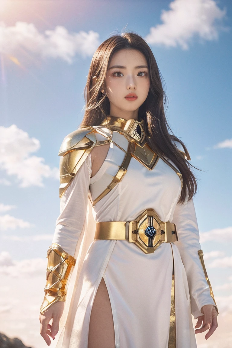 ((masterpiece, best quality, extremely detailed), volumetric lighting, ambient occlusion, colorful, glowing), 1girl, solo, young girl, (dark hair), long hair, halo, aura, sacred, goddess, cleric suit, (power ranger with gold detailst:1.3), seethrough robe, outdoors, sunset, sky, clouds, space, (fantasy theme:1.2), face marking, white robe