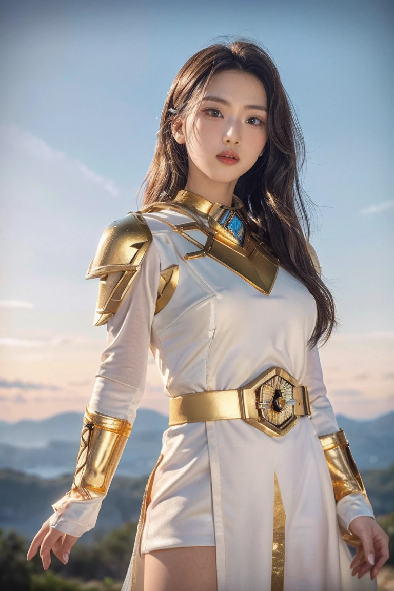 ((masterpiece, best quality, extremely detailed), volumetric lighting, ambient occlusion, colorful, glowing), 1girl, solo, young girl, (dark hair), long hair, halo, aura, sacred, goddess, cleric suit, (power ranger with gold detailst:1.3), seethrough robe, outdoors, sunset, sky, clouds, space, (fantasy theme:1.2), face marking, white robe