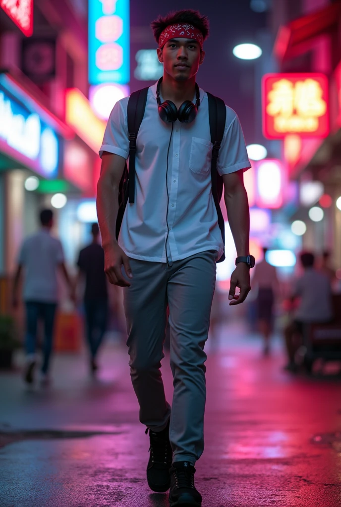 Hyper realistic, a 18 year old Indonesia man walking on the neon cyberpunk street, ideal body, look straight ahead, wearing Indonesian high-school white uniform shirt and Indonesian high-school grey uniform pants and black hiking hi-shoes with dark red bandana that covers the head, wear dark leather backpack, wear headphone, masculine photoshoot pose, arrogant man expression, romantic, Bandung night town as background. Use soft photography lighting. top lighting. top lighting, slide lighting, high quality photos, UHD, 64k. shot with Canon EOS 5D Mark IV, cinematic portrait, Realistic face, not changing face, no mustache, Real photo, unchanging face, background change. Real Picture 8k ultra, hyper detailed, sharp focus, studio photo, intricate details, highly detailed, photo real, bright colors, digital graphics, unreal engine, blender art, perfect composition, octane rendering, masterpiece, sharp focus, high detail, art station, concept art, perfect composition, a model of ultra-high quality and clarity, perfect play of light and shadow, 32k UHD, hyper-detailing, complex artistic masterpiece, ((best quality)), ((masterpiece)), (detailed), perfect face