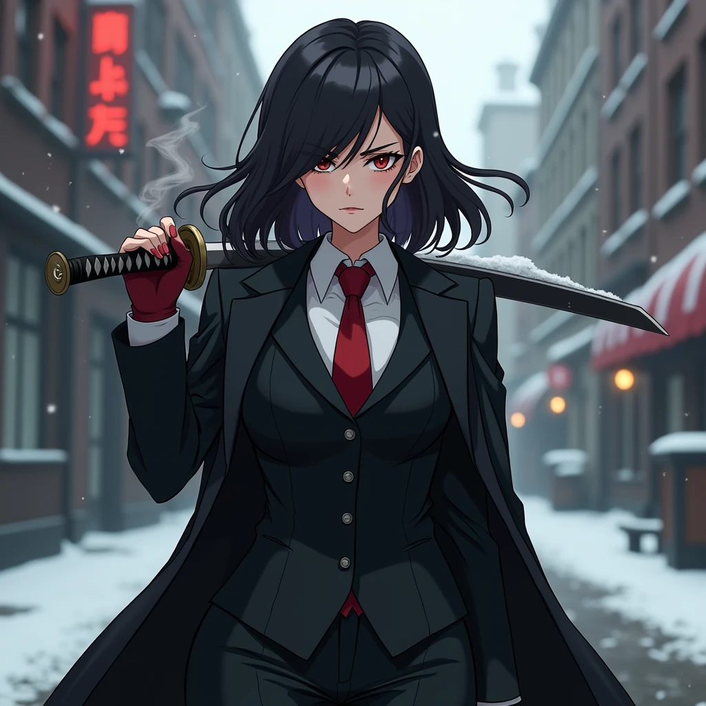 A badass anime-style mafia woman standing confidently in the foreground, with a fierce and determined expression. She wears a sleek, tailored black suit with a crimson tie, and a long black coat that billows slightly in the wind. Her hair is dark, flowing and shoulder-length, with a few strands falling over her intense eyes. In one hand, she holds a katana casually resting on her shoulder, and in the other, a lit cigarette. The background is a wintery urban scene, with snow gently falling and co