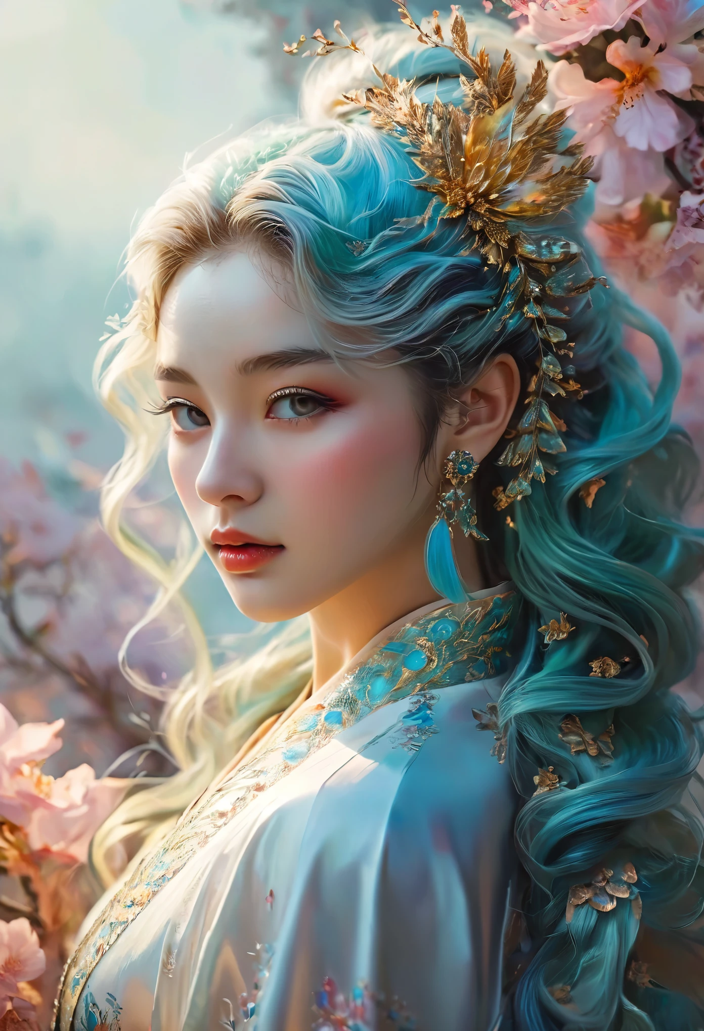 8K masterpiece, Highest quality, Highest quality, Official Art, (Beauty and aesthetics: 1.3), Very detailed, (Fractal Art: 1.3), (She is half French and half Japanese, and is a stunning beauty with detailed eyes and a high nose:1.4), thick eyebrows, colorful, Ice and dragon, Serpentine, nail, cyan and 1 Woman, Hanwomen's Media, Hanfu, detailed facial features, long graceful neck, flowing locks of hair, poised and elegant posture, soft and delicate lighting, dreamy atmosphere, Surrealism, mystical aura, Charlie Bowater, extraordinarily beautiful