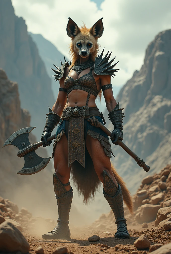 Female warrior furry hyena, with an ax in hands